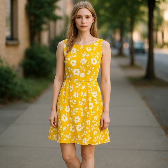 Anne Klein Dresses & Skirts - Anne Klein Women’s Yellow Floral Print Belted MIDI Sun Dress Classy Summer Sz 12